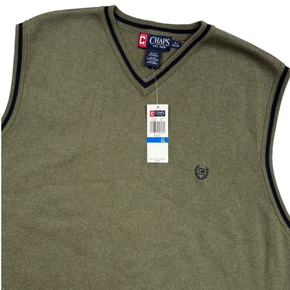 NEW Chaps Knit Sweater Golf Vest Mens XL Olive Green V-Neck Cotton Tipped Trim